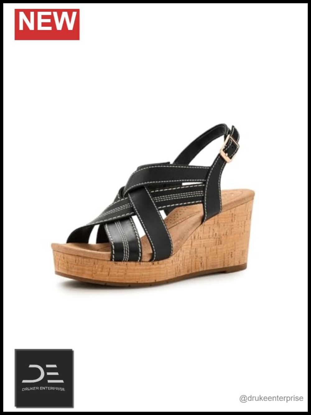 Clarks Sabina Sling Wedge Sandals Black Leather Adjustable Strap Women's